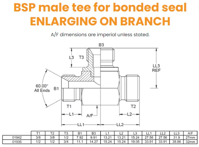 3/8 x 3/8 x 1/2 BSP M/M/M Tee For Bonded Seal On Branch Hydraulic Adaptor